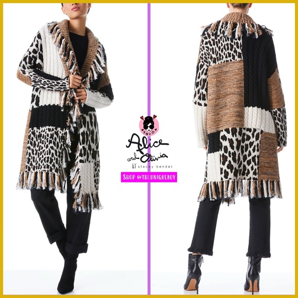 Alice + Olivia Gricelda Leopard Combo Patchwork Wool Blend Sweater Coat